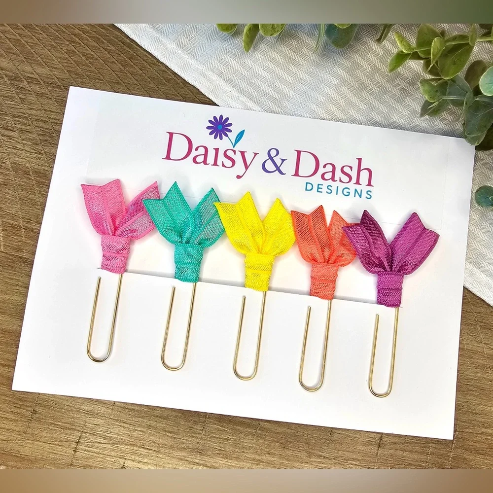 Set of 5 Colorful Elastic Ribbon Jumbo Paperclip Bookmarks